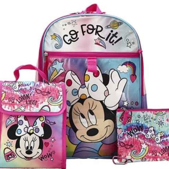 Disney Minnie Mouse Girls Backpack Lunch Bag Medium Pouch Key Dangle 4 Piece NEW - Picture 1 of 9